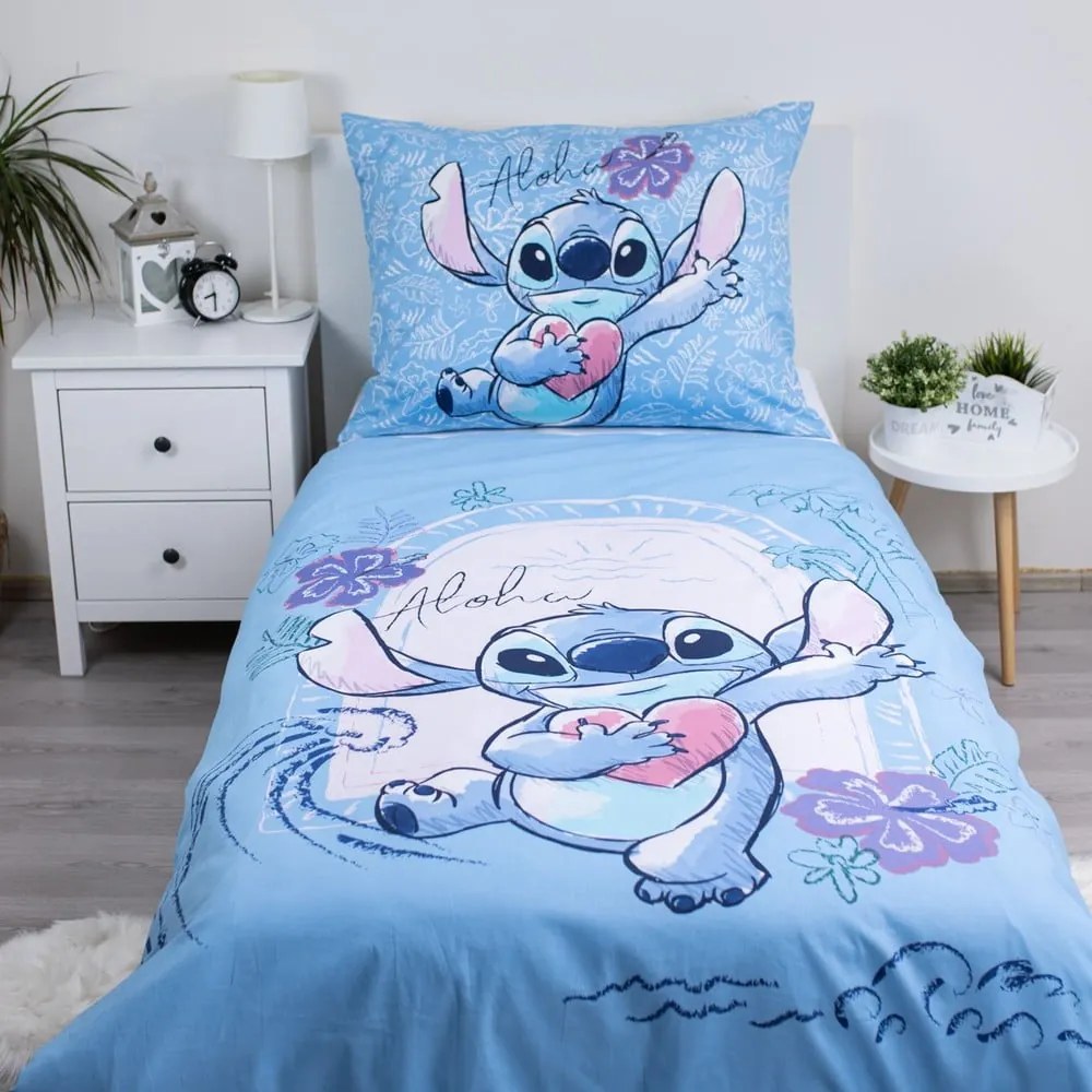 Синьо единично памучно детско спално бельо 140x200 cm Lilo and Stitch "Wave" – Jerry Fabrics