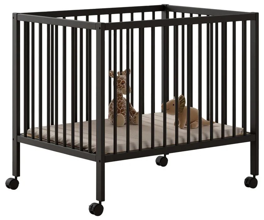 Антрацитна кошара за игра от масивен бук с регулируема височина/на колелца 95x75 cm Dino – Vipack