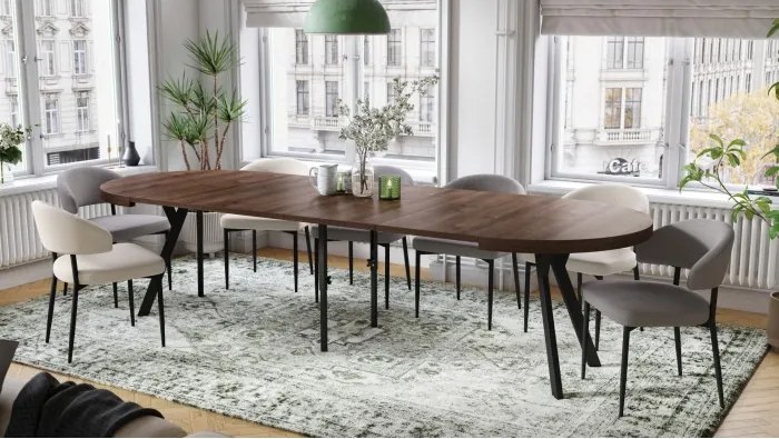 ЕКСПАНСО Кафяв дъб/черни крака - ГОЛЯМА КРЪГЛА МАСА Ø110 РАЗТЕГАТЕЛНА ДО 310 cm С КРАКА Y ЛОФТ/ИНДУСТРИАЛНА