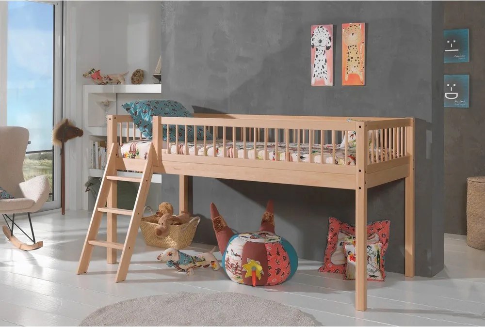 Детско повдигнато легло от масивен бук с включена подматрачна рамка в естествен цвят 90x200 cm Forrest – Vipack