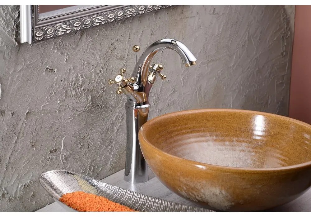 Стояща батерия за мивка в лъскаво-сребрист и златист цвят Antea – Sapho