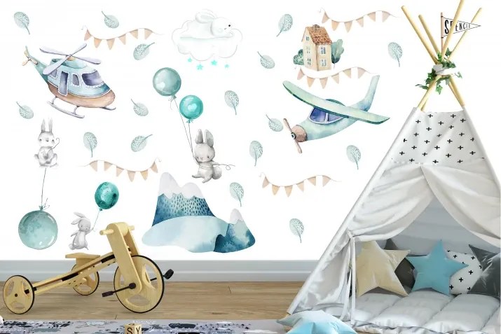 Стикер за стена със самолети и зайчета 80 x 160 cm