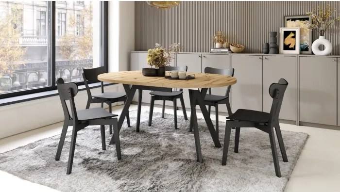 АЛМО Дъб Артисан/черни крака - КРЪГЛА РАЗТЕГАТЕЛНА МАСА С Y-ОБРАЗНИ КРАКА В ЛОФТ/ИНДУСТРИАЛЕН СТИЛ ЗА ХОЛ ИЛИ ТРАПЕЗАРИЯ