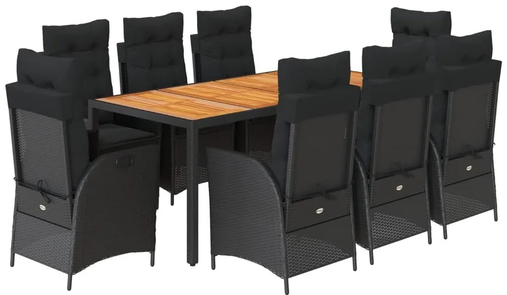 3213102 vidaXL Градински трапезен комплект възглавници 9 части черен полиратан