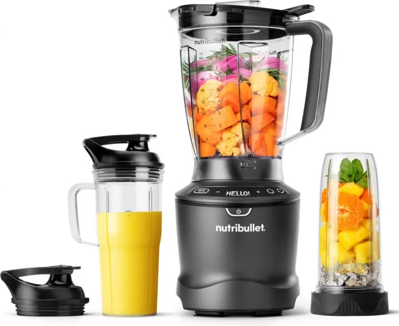 Блендер Nutribullet Smart Sense 1500 Combo NBF550DG, 1500W, 1.8 л, 5 скорости, Интелигентна адаптация на скорост, Без BPA, Черен/сив