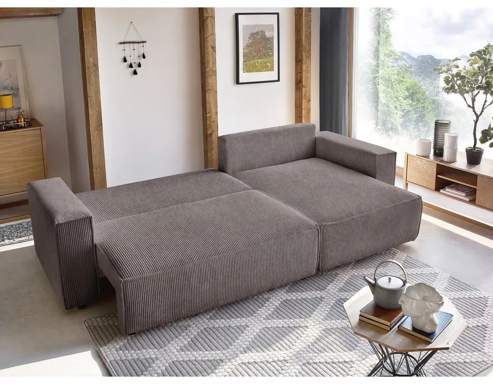 Кафяво-сив сгъваем/с място за съхранение ъглов диван от рипсено кадифе Nihad – Bobochic Paris