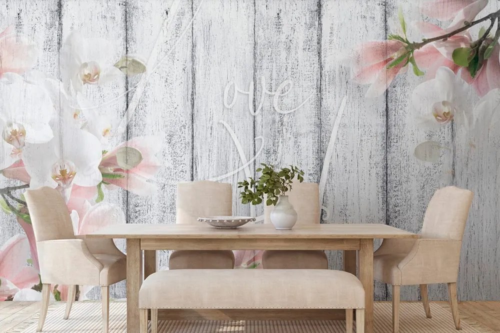 Тапет – Винтидж орхидея с надпис - Love begins at home