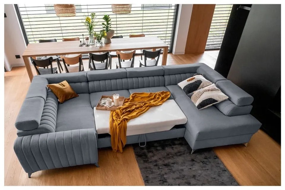 Син разтегателен ъглов диван с място за съхранение (десен ъгъл U форма) Louis – ELTAP