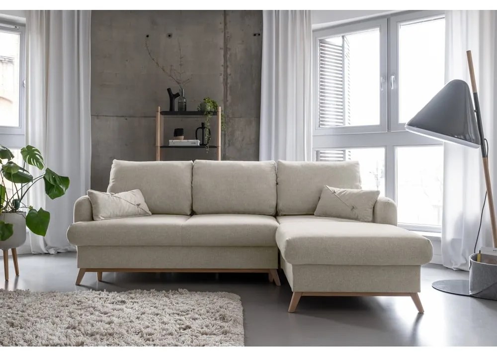 Бежов разтегателен/с място за съхранение ъглов диван (десен ъгъл) Scandic Lagom – Miuform