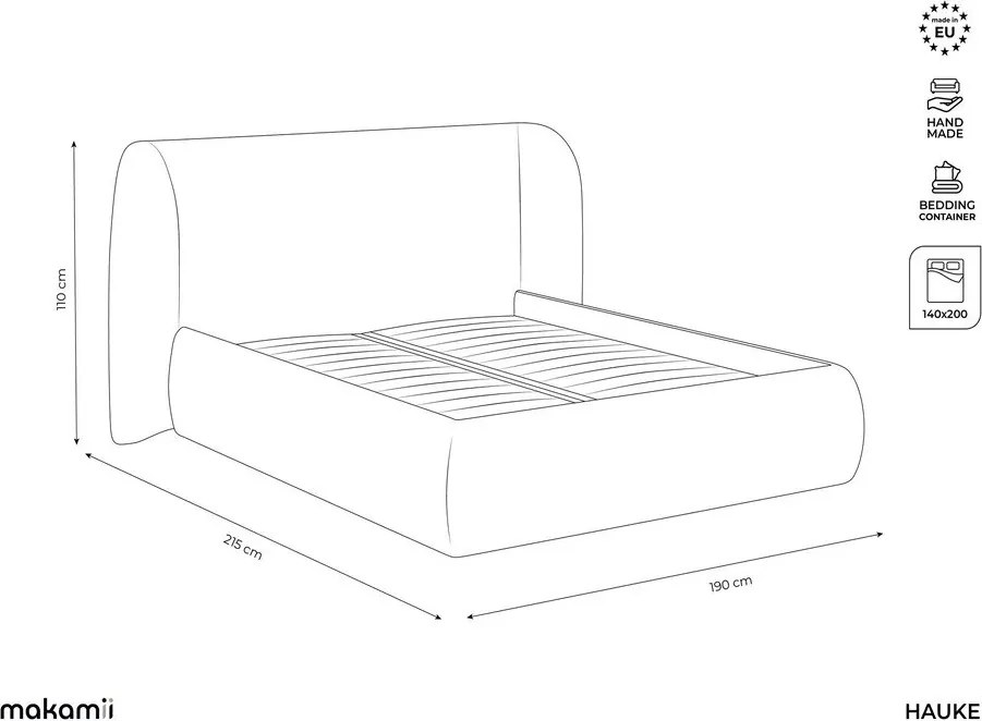 Светлосиво двойно тапицирано легло с място за съхранение и включена подматрачна рамка 140x200 cm Hauke – Makamii