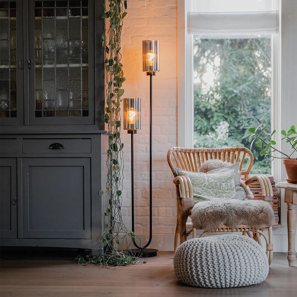 Подова лампа в стил Арт Деко черна с опушено стъкло 2-светлина - Laura