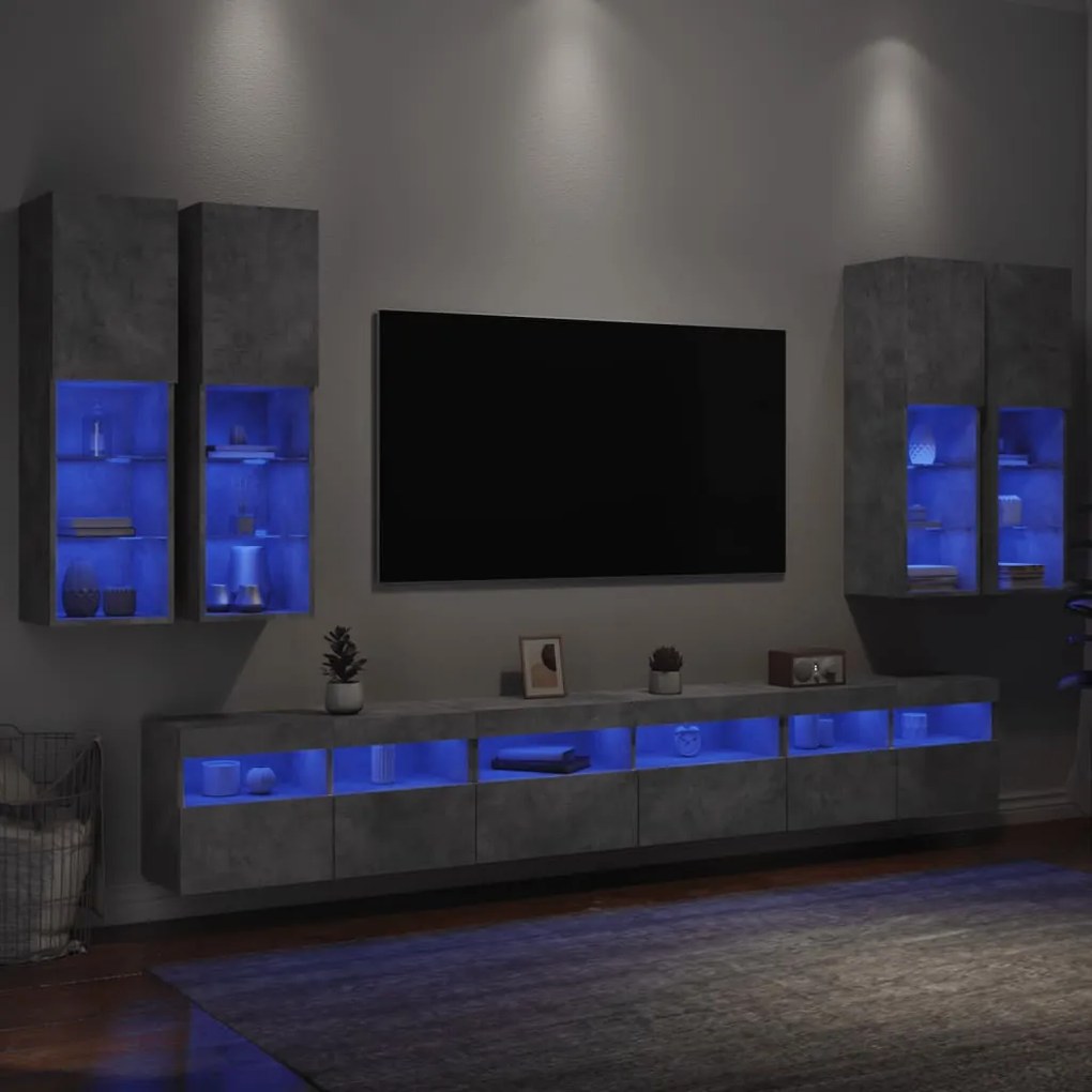 3216781 vidaXL ТВ стенни шкафове, 7 части, с LED светлини, бетонно сиви