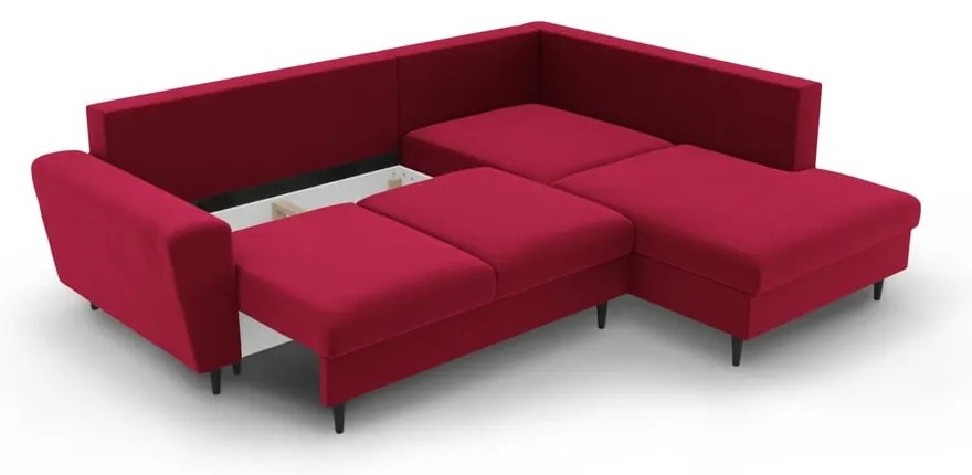 Червен кадифен разтегателен ъглов диван с място за съхранение (десен ъгъл/L форма) Kyoto – Cosmopolitan Design