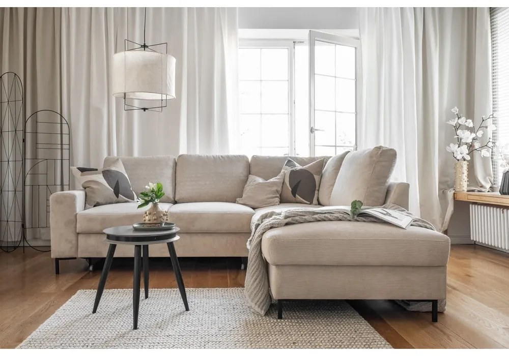 Бежов разтегателен ъглов диван от рипсено кадифе (десен ъгъл) Lofty Lilly – Miuform