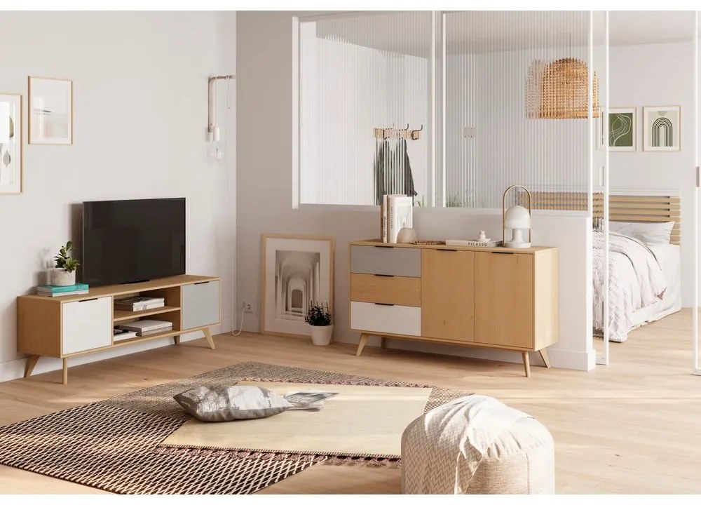 Нисък скрин с дъбов декор в естествен цвят 140x81 cm Elfa - Marckeric