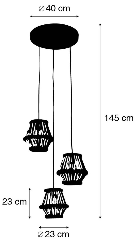 Ориенталски висящ аплик бамбук с черен кръгъл 3-светлина - Evalin