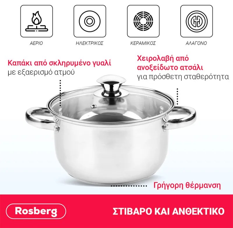 Комплект тенджери Rosberg R51210O6, 6 части, 3-5 L, Стъклен капак, Инокс