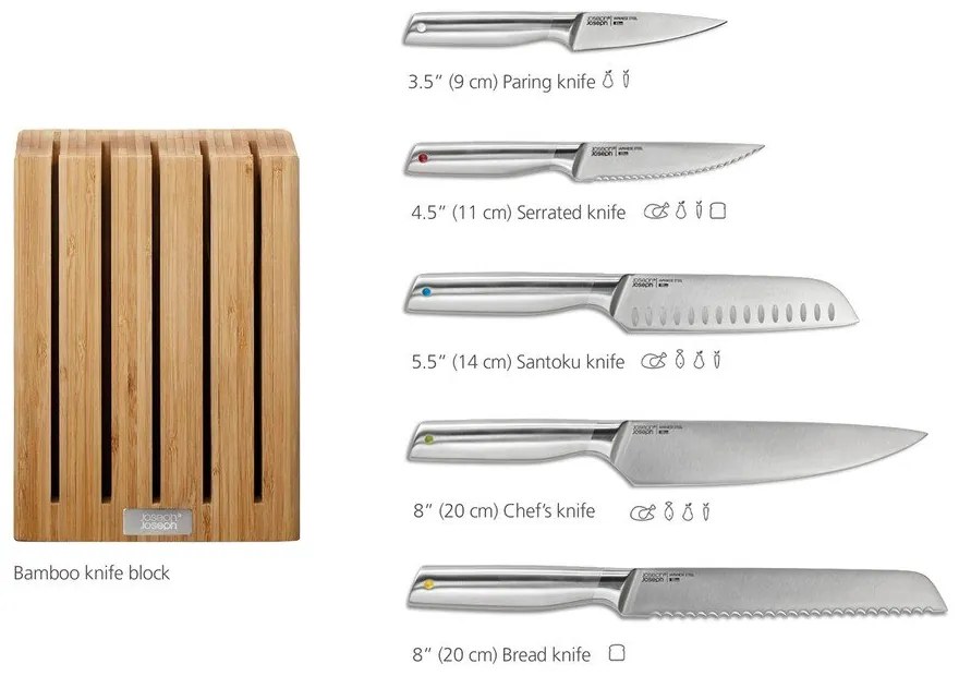 Комплект ножове с поставка 5 бр. от неръждаема стомана Elevate Bamboo – Joseph Joseph