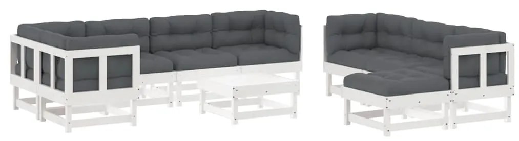 3186075 vidaXL Градински комплект с възглавници, 10 части, бял, дърво масив