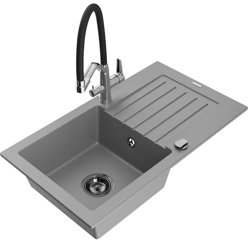 Mexen Pablo гранитна кухненска мивка с една камера с оттичаща повърхност и кухненски смесител Duo, сив - 6510-71-671701-07-B