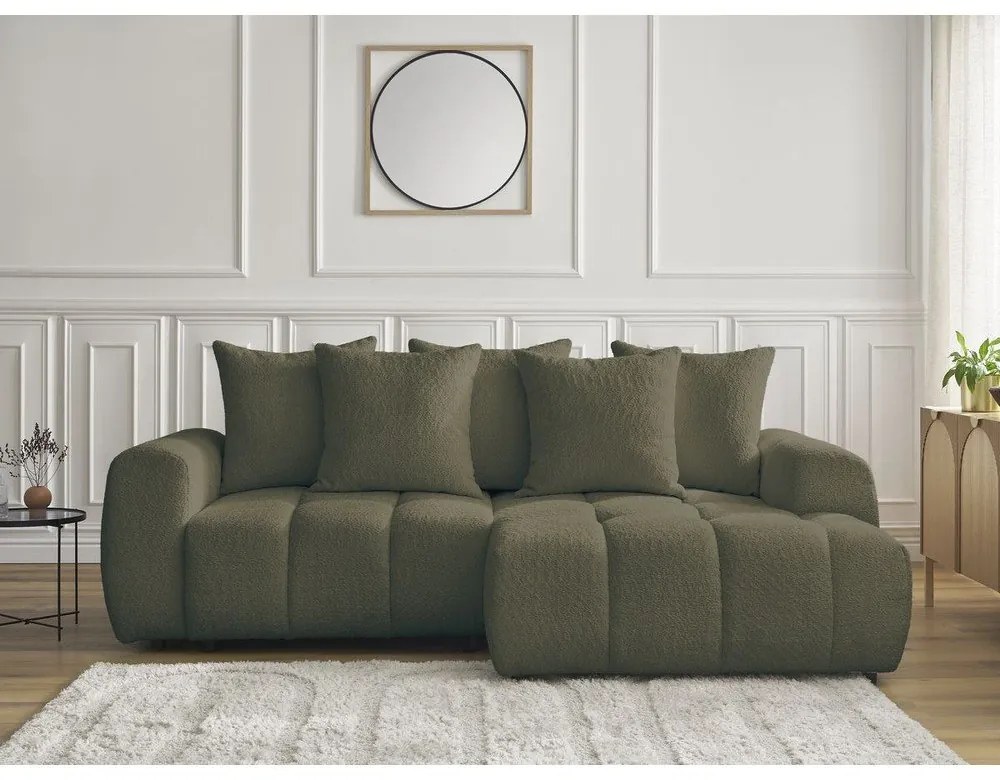 Сгъваем/с място за съхранение ъглов диван от прежда с примки от букле в цвят каки (десен ъгъл) Roxelane – Bobochic Paris