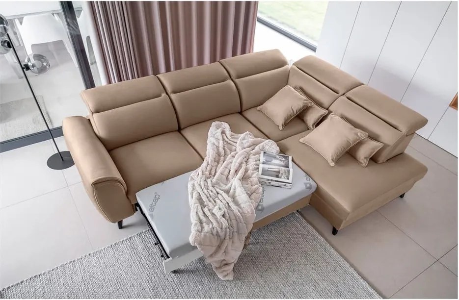 Светлокафяв кадифен разтегателен ъглов диван с място за съхранение (десен ъгъл L форма) Noble – ELTAP