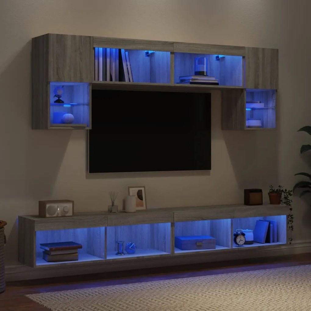 3216709 vidaXL ТВ стенни модули с LED, 6 части, сив сонома, инженерно дърво