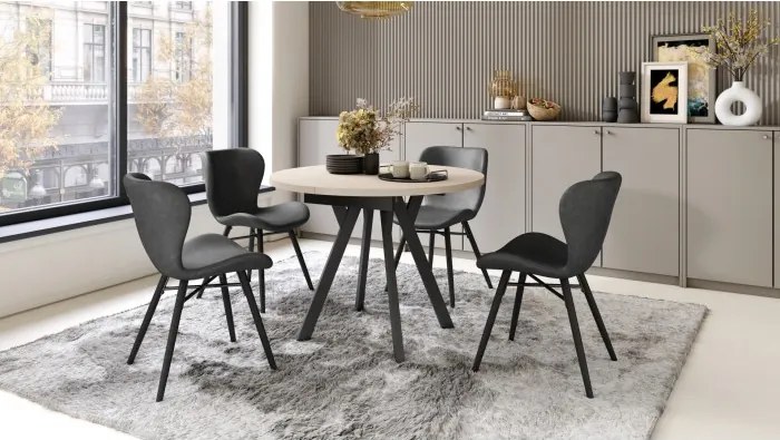 АЛMО Бежово/черни крака - КРЪГЛА РАЗТЕГАТЕЛНА МАСА С Y-ОБРАЗНИ КРАКА В ЛОФТ/ИНДУСТРИАЛЕН СТИЛ ЗА ХОЛ ИЛИ ТРАПЕЗАРИЯ