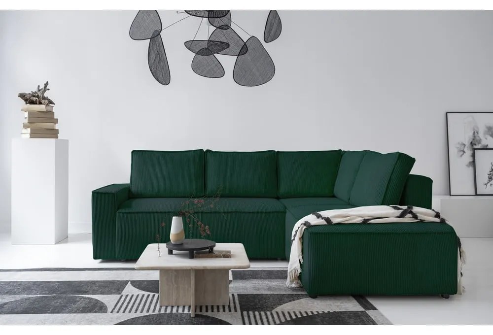 Тъмнозелен разтегателен ъглов диван от рипсено кадифе (десен ъгъл) Brave Dave – Miuform