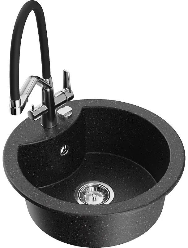 Mexen Diego мивка от гранит с 1 отделение и кухненски смесител Duo, черен/сребърен металик - 6512-73-671701-07