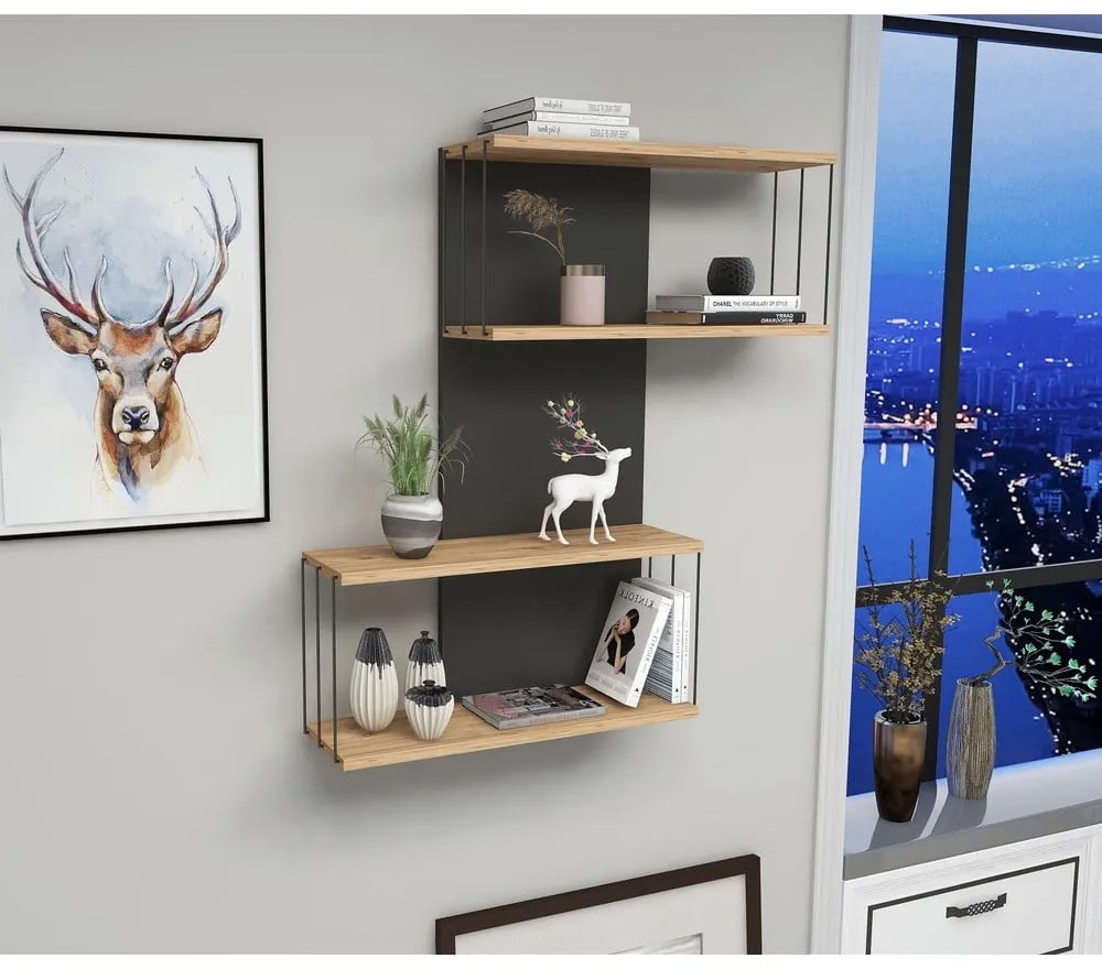 Двоен рафт от бор в антрацит и естествен цвят 65 cm Destan - Kalune Design