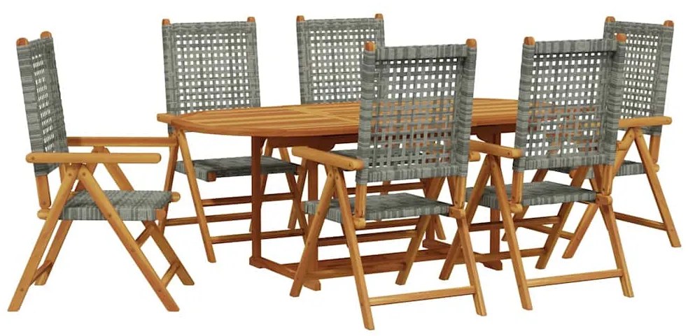 3281719 vidaXL Градински трапезен комплект, 7 части, сив, полиратан и масив