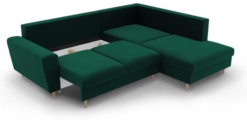 Зелен кадифен разтегателен ъглов диван с място за съхранение (десен ъгъл/L форма) Kyoto – Cosmopolitan Design