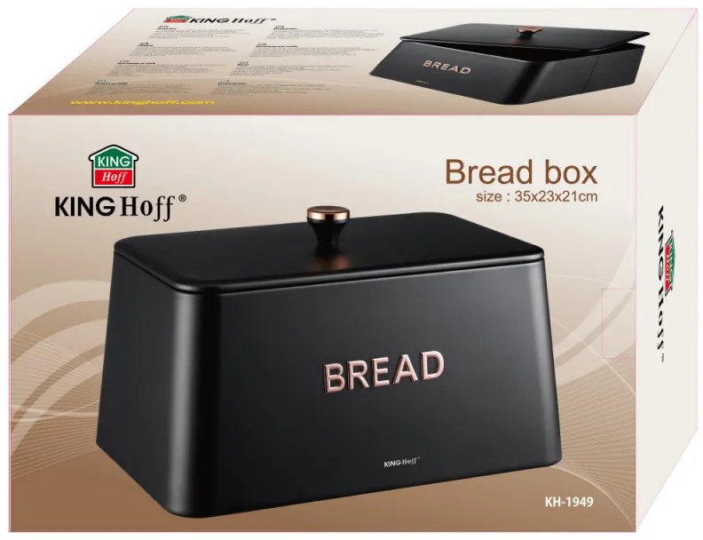 Кутия за хляб Kinghoff KH 1949, 35 см, Метално тяло, Бамбуков капак, Черен