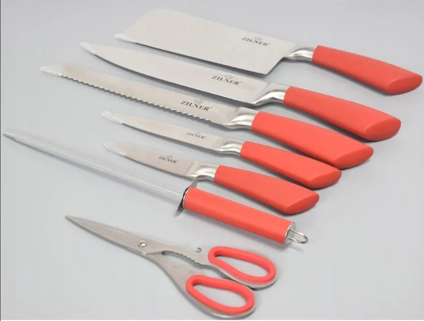 Комплект ножове с поставка ZILNER ZL 5126, 8 части, Точило, Ножици, Неръждаема стомана, Червен