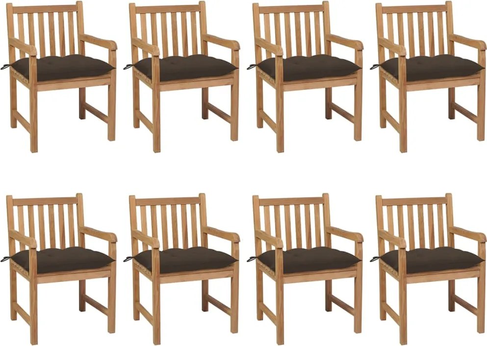 3073081 vidaXL Градински столове 8 бр с възглавници таупе тиково дърво масив