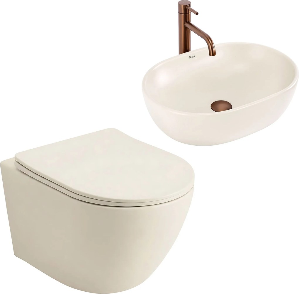 Комплект Конзолна WC Чиния Focus + Умивалник за Плот Rea Focus Creme