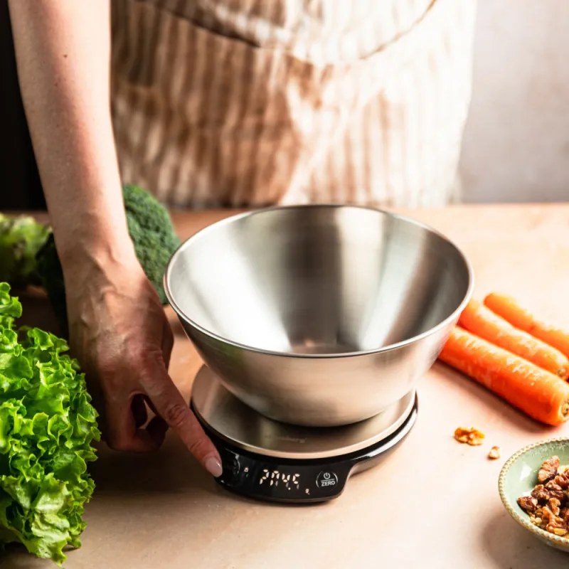 Кухненска везна с купа Klausberg KB 7939, 5 Kg, Bluetooth, Мобилно приложение, LED, ТАРА, Течности, 4 хранителни стойности, Инокс