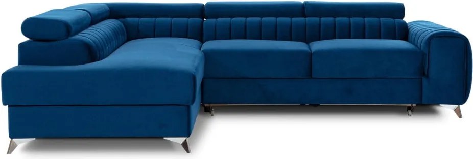 Син кадифен разтегателен ъглов диван с място за съхранение (ляв ъгъл L форма) Laurence – ELTAP