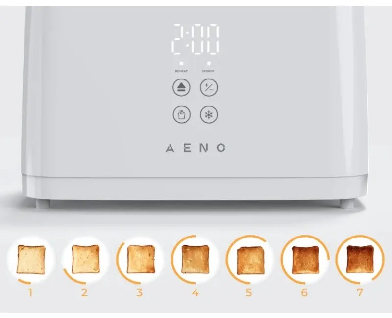 Тостер за хляб AENO ATS0002W, 930W, 7 степени, Сензорно управление, Обратен таймер, Защита при засядане, Тих, Бял