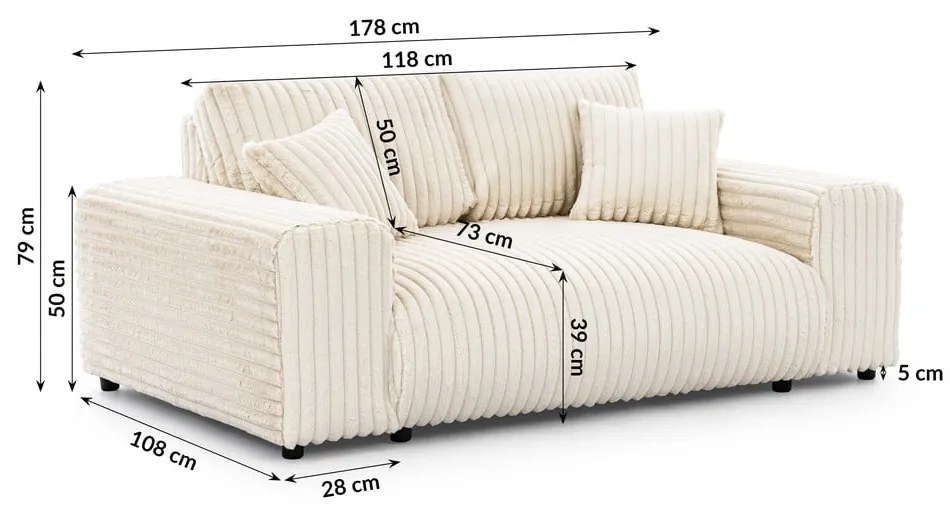 Кремав диван от рипсено кадифе 178 cm Justin – Ropez