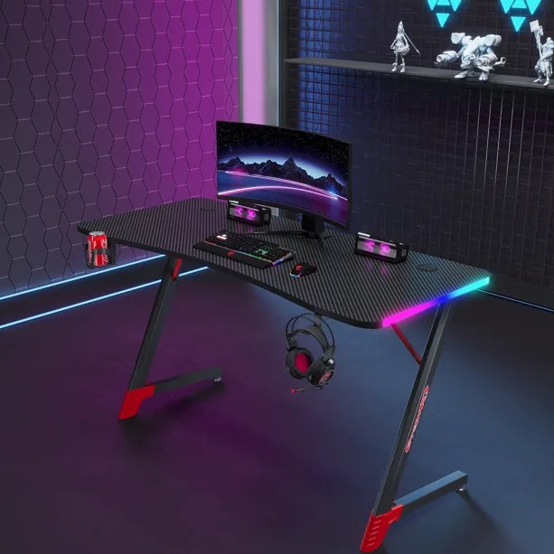 Черна геймърска маса, PC маса с RGB LED осветление Šírka: 120 cm