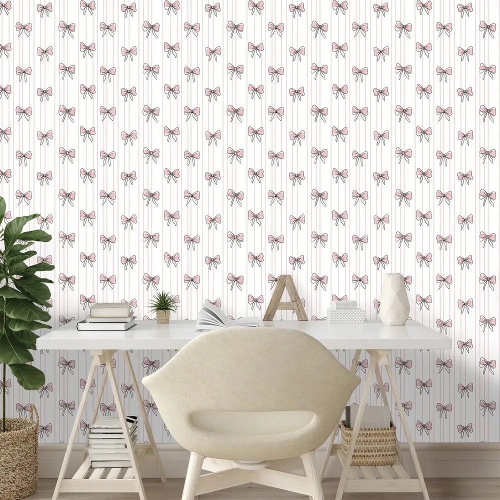 Тапет – Розови панделки на бял фон