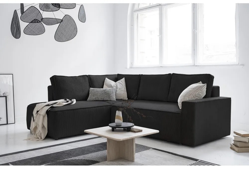 Антрацитен разтегателен ъглов диван от рипсено кадифе (ляв ъгъл) Brave Dave – Miuform