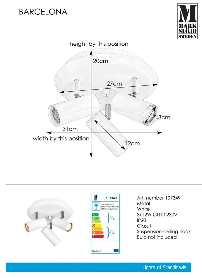 Бяла стенна лампа Barcelona Tres - Markslöjd