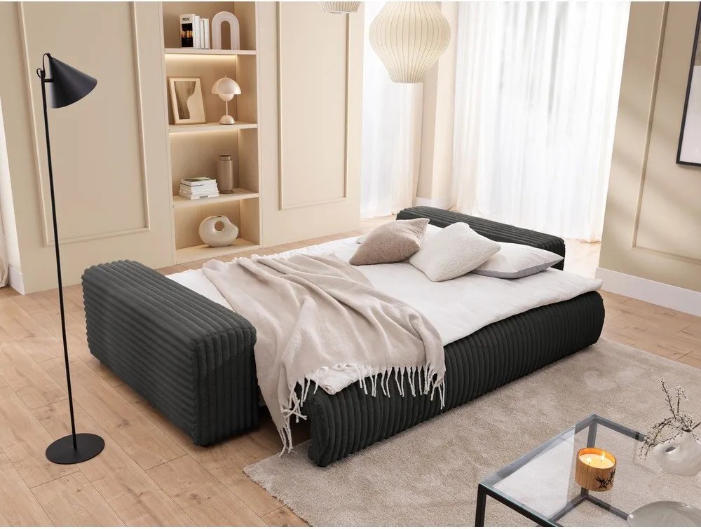 Тъмносив разтегателен диван с място за съхранение от рипсено кадифе 260 cm Justin – Ropez