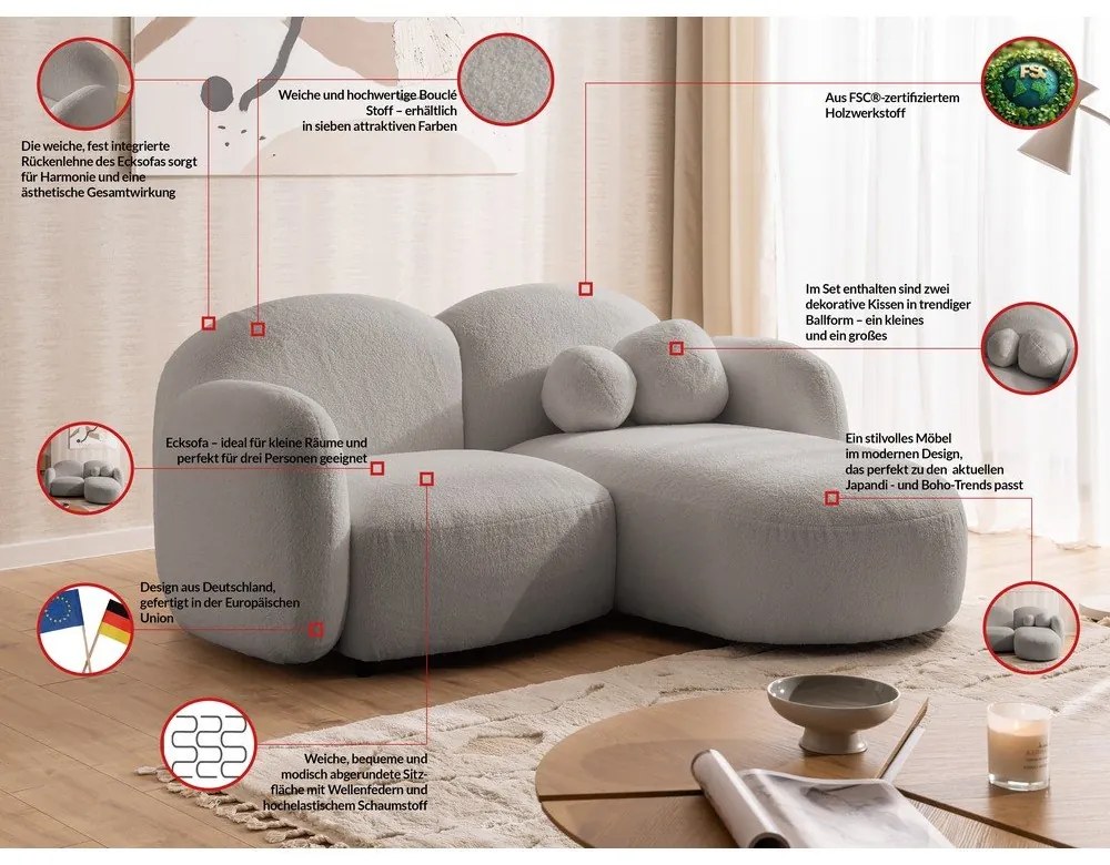 Сив ъглов диван от прежда с примки от букле (десен ъгъл) Orbit – Ropez