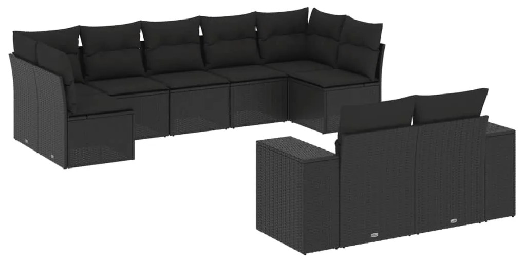 3255352 vidaXL Градински комплект диван с възглавници 9 части черен полиратан