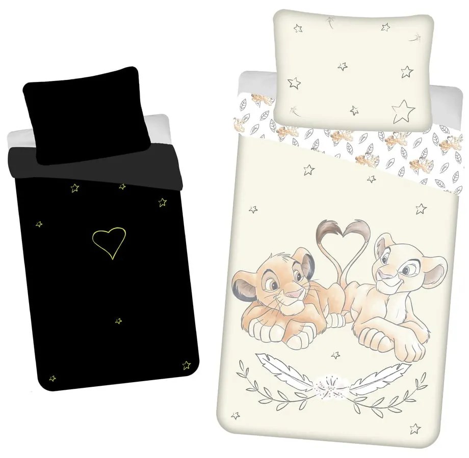 Светложълто единично памучно детско спално бельо със светещ ефект 140x200 cm Lion King "Best friends" – Jerry Fabrics