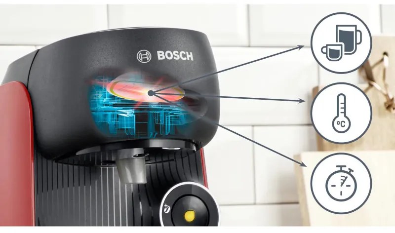 Еспресо машина Bosch Tassimo Finesse TAS16B3, 1400W, 3.3 bar, 0.7 л, Декалциране, Самопочистване, T-Discs, Intellibrew, 70 напитки, Червен